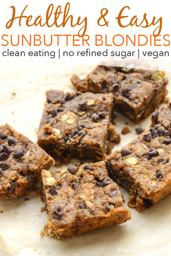 You won't believe these fudgy blondies are healthy! Try these Sunbutter Oat Blondies - no oil, no refined sugar, clean eating, and vegan. Yasss! #recipe #healthy #healthyrecipes #cleaneating #vegan #vegetarian #desserts #dessertfoodrecipes #blondies