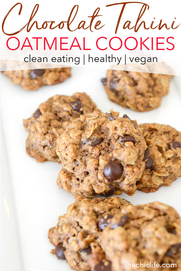 Healthy cookies - NO weird substitutions! You'll love these Healthy Dark Chocolate Tahini Oatmeal cookies. This clean eating dessert recipe is easy and delicious. Yay for a healthy cookie recipes! #recipe #healthy #healthyrecipes #cleaneating #realfood #vegan #vegetarian #dessert #cookies #healthycookies