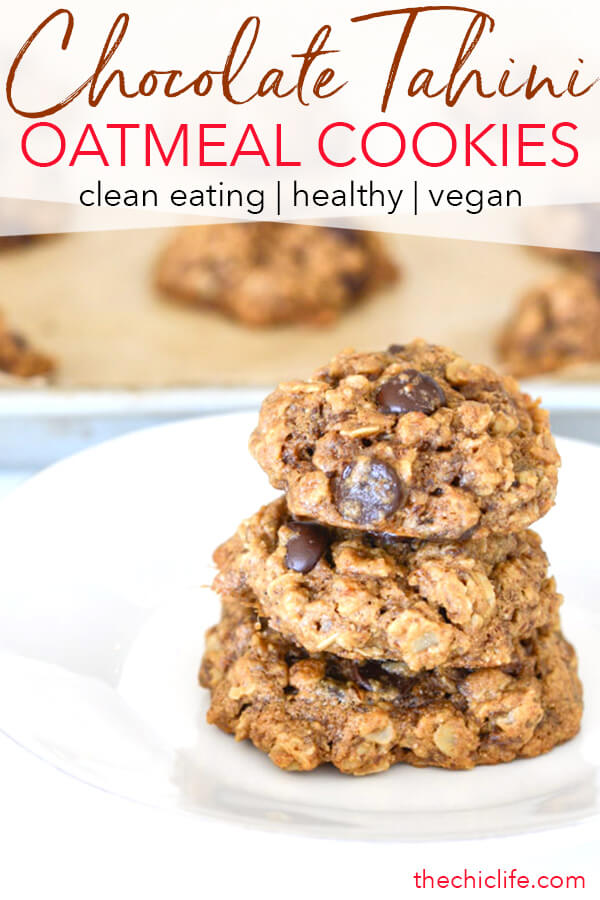 Tahini in cookies is SURPRISINGLY good! You'll love these Healthy Dark Chocolate Tahini Oatmeal cookies. This clean eating dessert recipe is easy and delicious. Yay for a healthy cookie recipes! #recipe #healthy #healthyrecipes #cleaneating #realfood #vegan #vegetarian #dessert #cookies #healthycookies