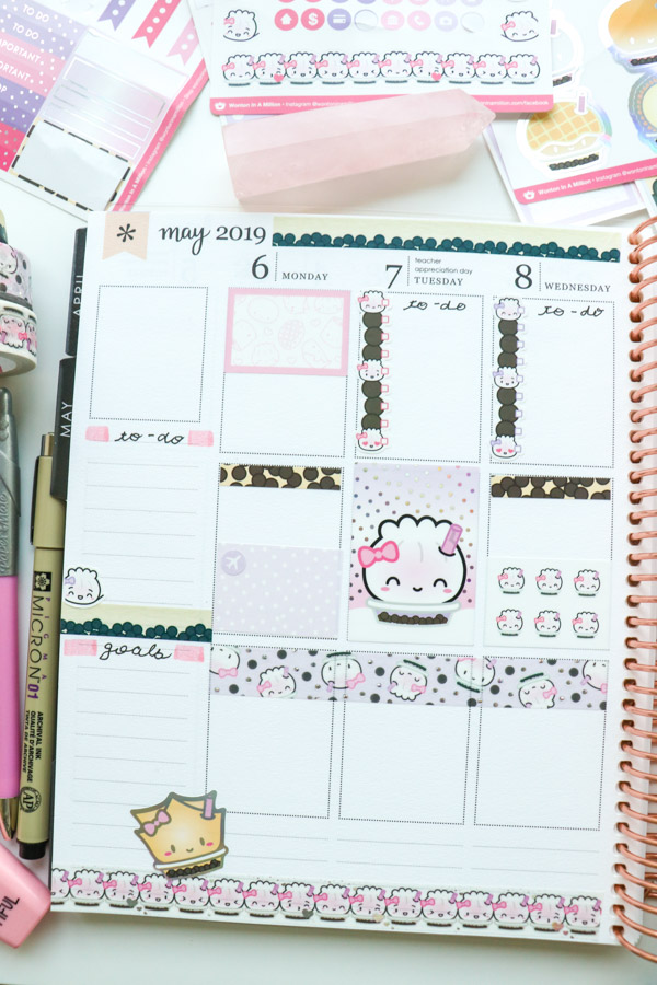 Click for this Plan with Me with a FUN boba tea theme using Wonton In A Million stickers and washi tape. These easy planner decorations are so cute! | May 2019 #planner #planning #plannerdecorations #plannerideas #lifeplanner #erincondren #plannertips #planwithme