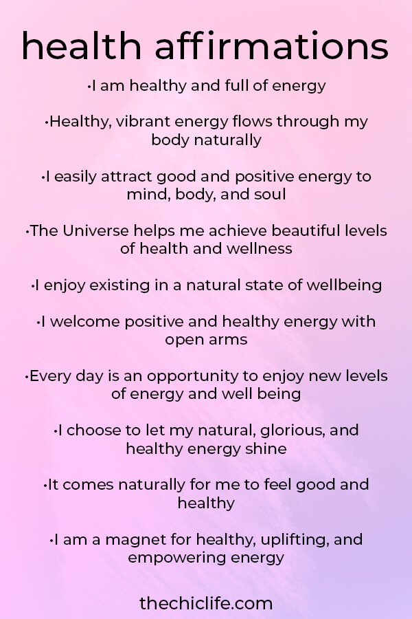 List of Health Affirmations over a pink-purple watercolor background