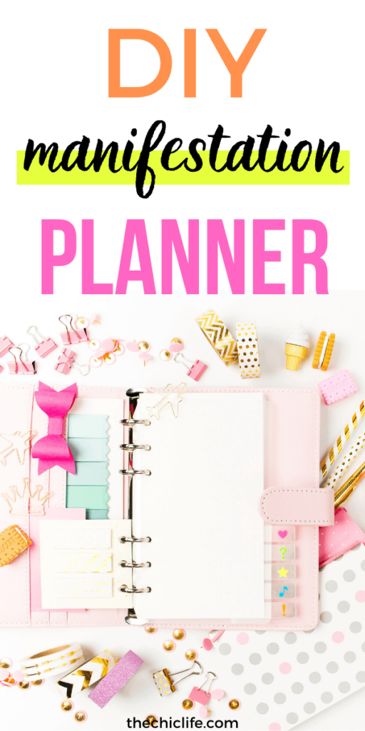 Photo of a planner with planner supplies. Plus text about making a DIY Manifestation Planner.