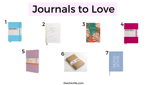 A collage of fun journals that would be great options for journal beginners