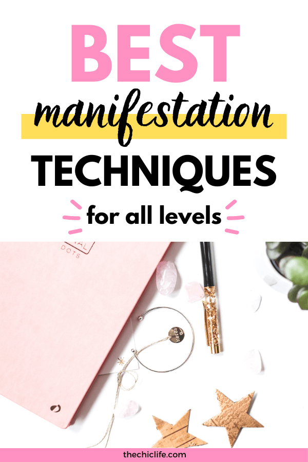 Text reads: Best Manifestation Techniques for All Levels. Below is a photo of a journal, pen, crystal, and plant.