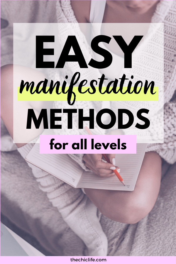 Text reads: Easy Manifestation Methods for All Levels. Behind is a photo of a woman writing in a journal.