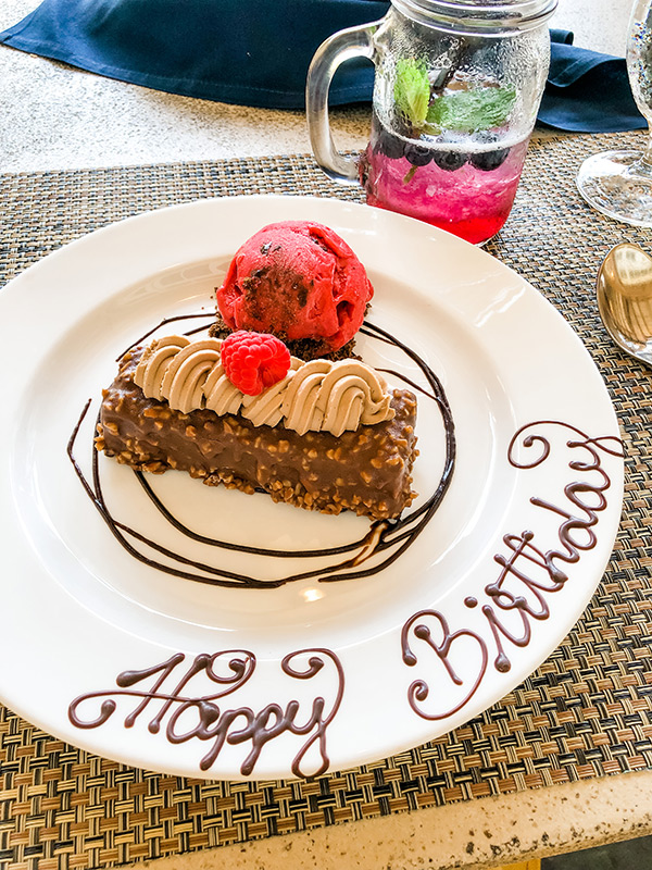 BIRTHDAY DESSERT AT JASMINE PORCH - HOMEMADE CANDY BAR WITH RASPBERRY SORBET