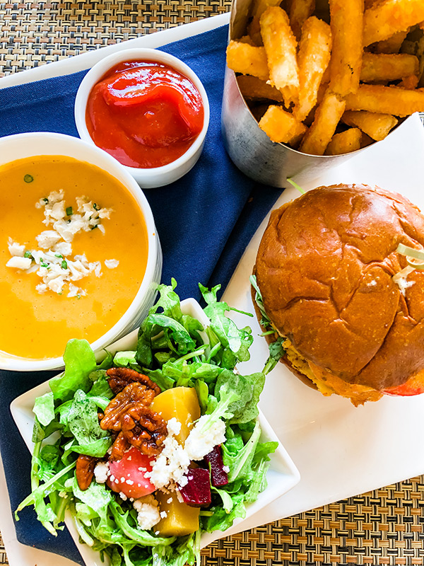 BIRTHDAY LUNCH AT JASMINE PORCH AT THE SANCTUARY AT KIAWAH RESORT: ROASTED BEET SALAD, SHE CRAB SOUP, CRAB CAKE SLIDER, FRENCH FRIES