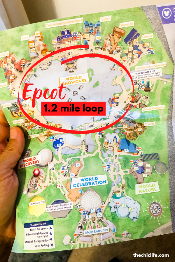 Epcot Disney World Map + Miles to Walk around the World Showcase Lagoon