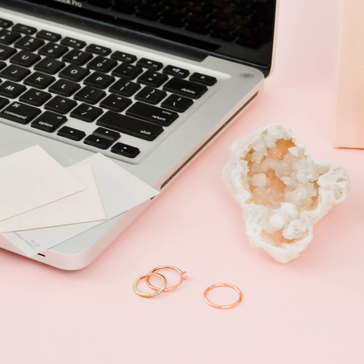 Laptop, rings, crystal