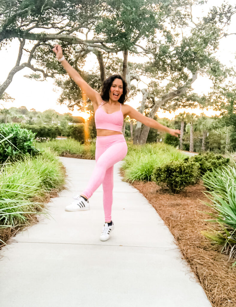 Diana in a pink legging set