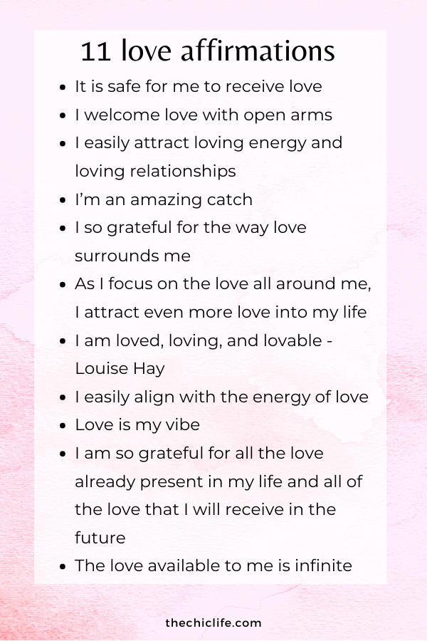 11 love affirmations on a pink background