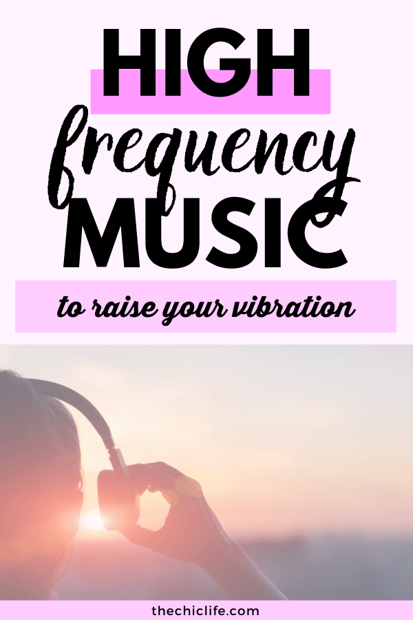 Person wearing headphones in front of a sunrise. Text reads: High Frequency Music to Raise Your Vibration