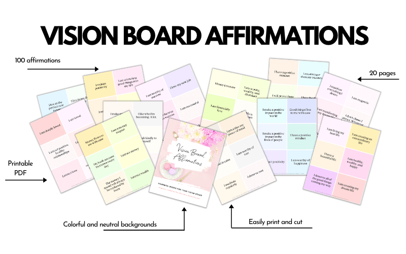 Multiple pages of vision board affirmations are spread out across the image