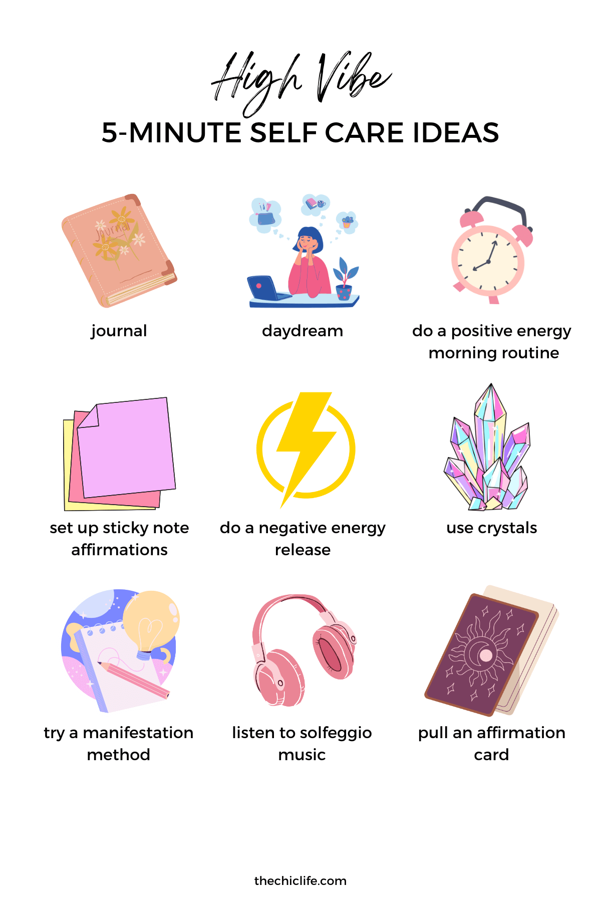 Graphic features a collection of self care graphics with labels under each, including: journaling, doing a positive energy morning routine, using crystals, trying a manifestation method, using affirmation cards, and more.