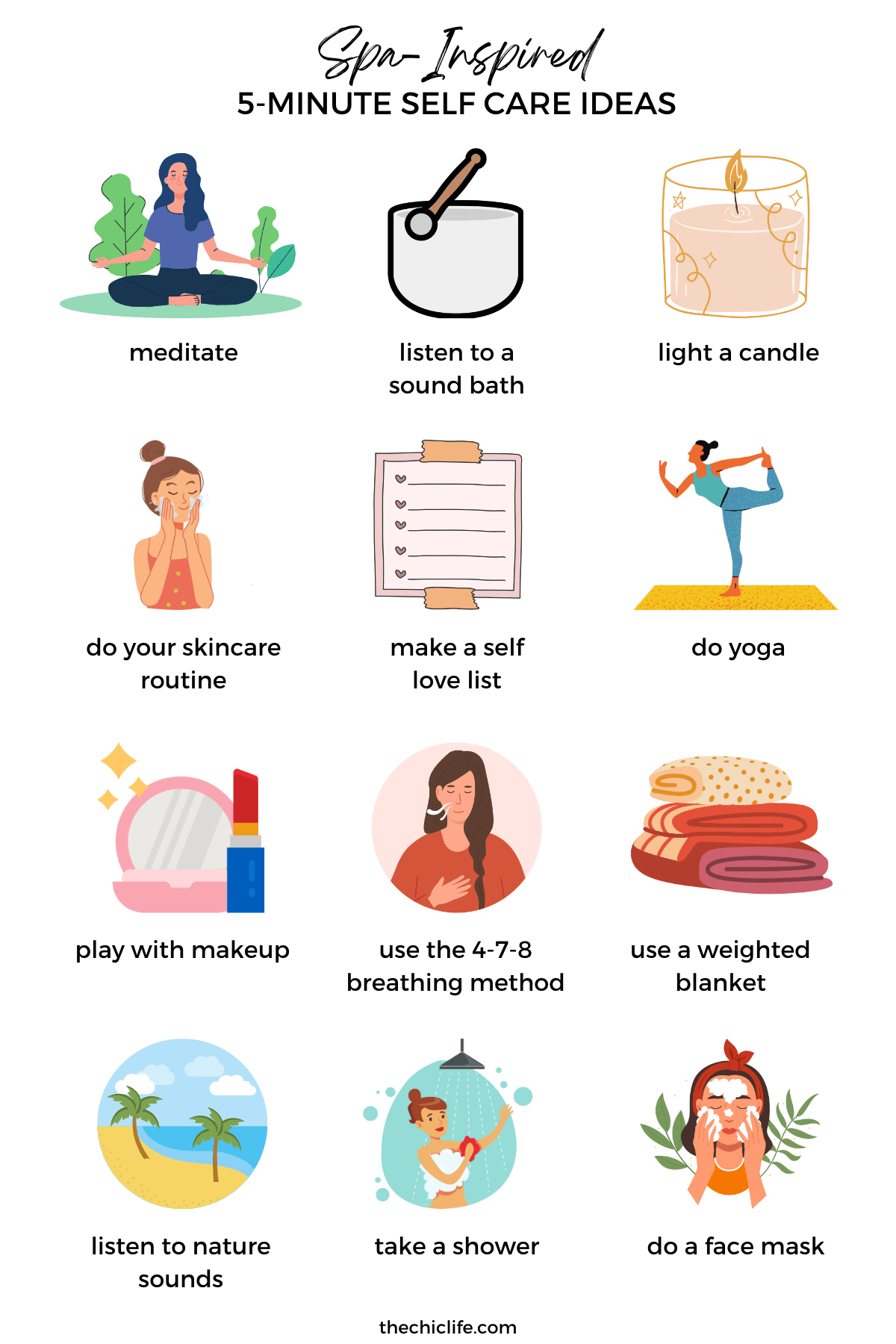 Graphic features a collection of self care graphics with labels under each, including: meditate, sound bath, light a candle, skincare routine, self love list, yoga, makeup, 4-7-8 breathing method, weighted blanket, nature sounds, shower, face mask.