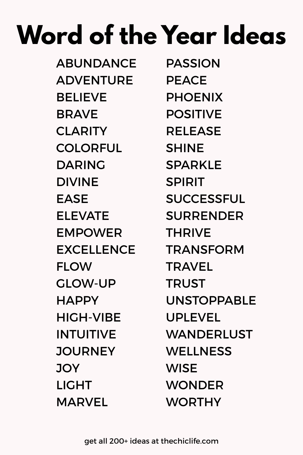 Text graphic says: "Word of the Year Ideas" with a list of positive words underneath.