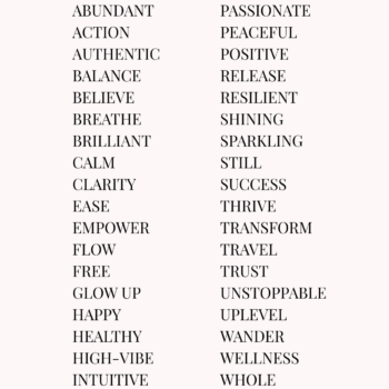Text graphic says: "Word of the Year Ideas 2025" with a list of positive words underneath.