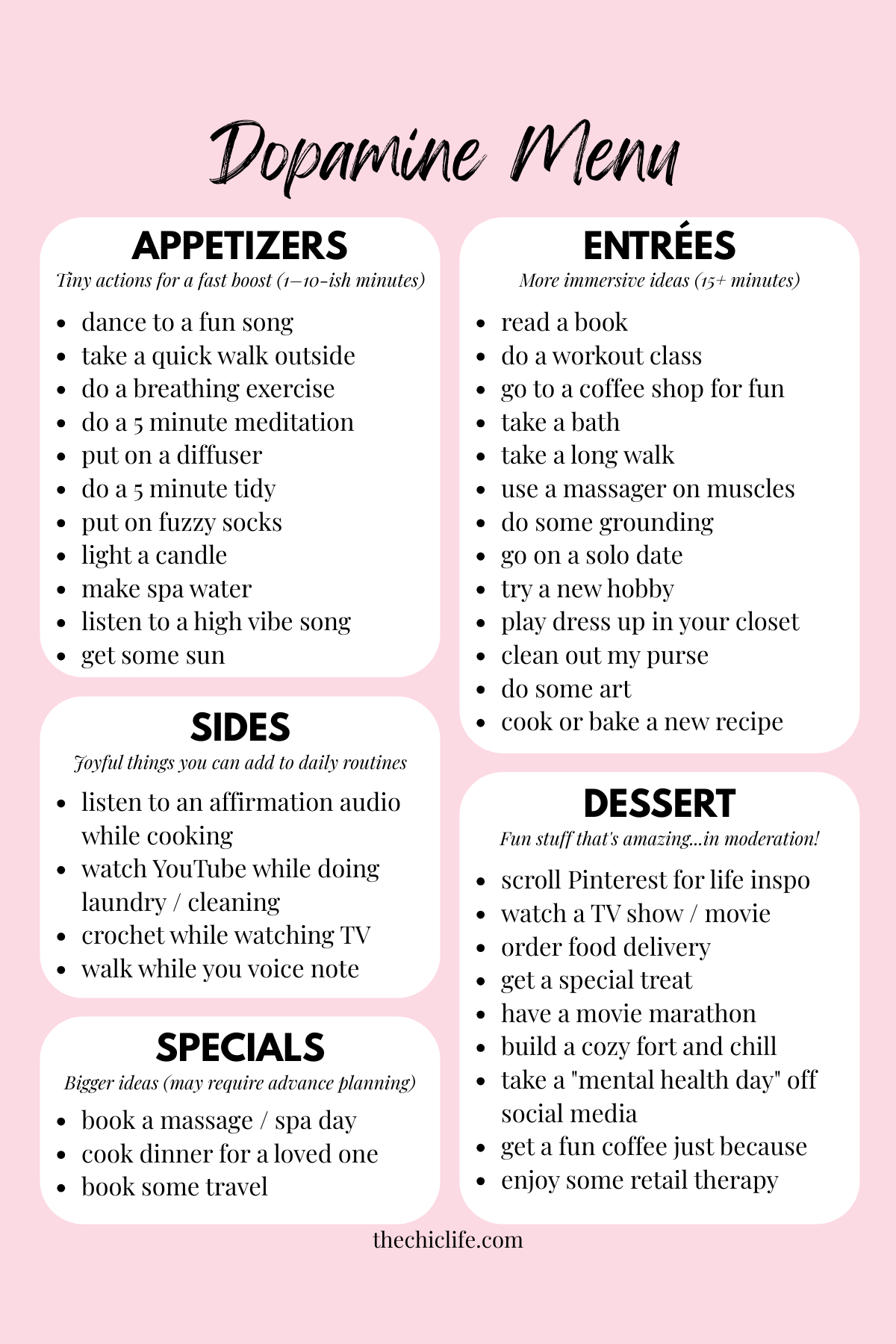 Text graphic of a Dopamine Menu featuring ideas grouped by appetizers, entrées, sides, dessert, and specials