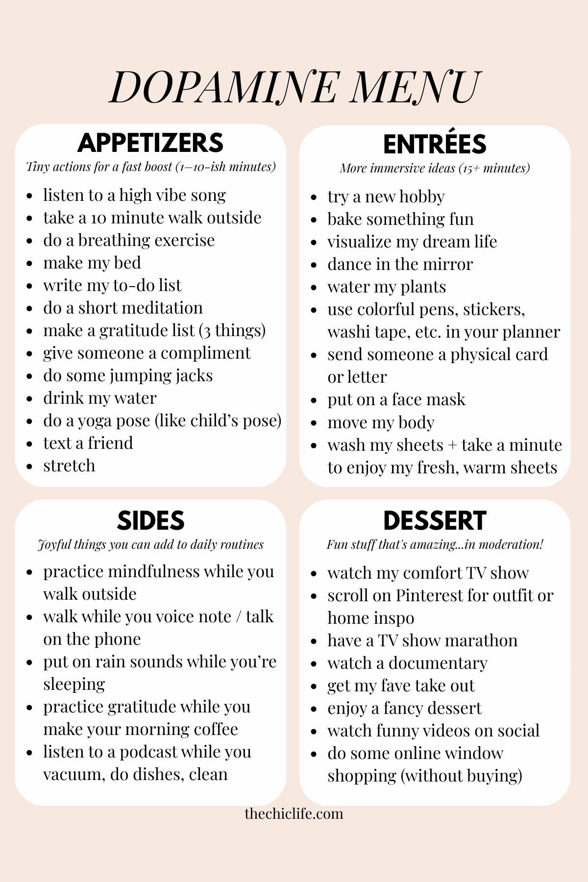 Text graphic of a Dopamine Menu Ideas list featuring ideas grouped by appetizers, entrées, sides, dessert, and specials