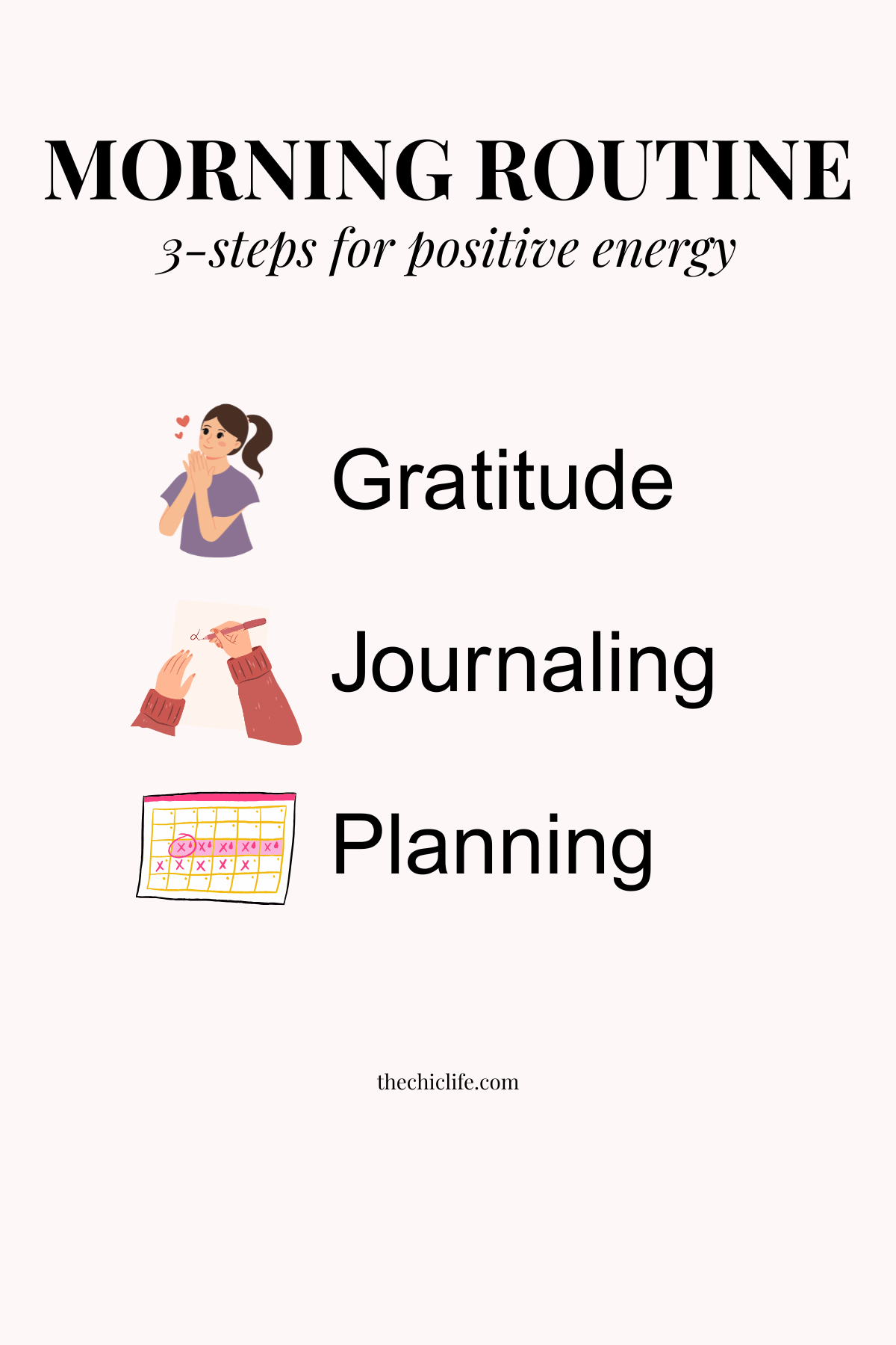 Text graphic has a 3-step morning routine for positive energy list