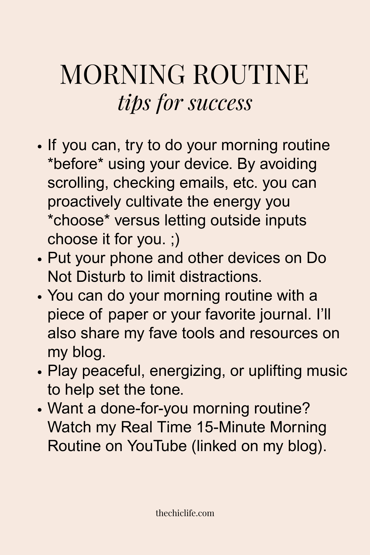 Text graphic has a list success tips for your morning routine