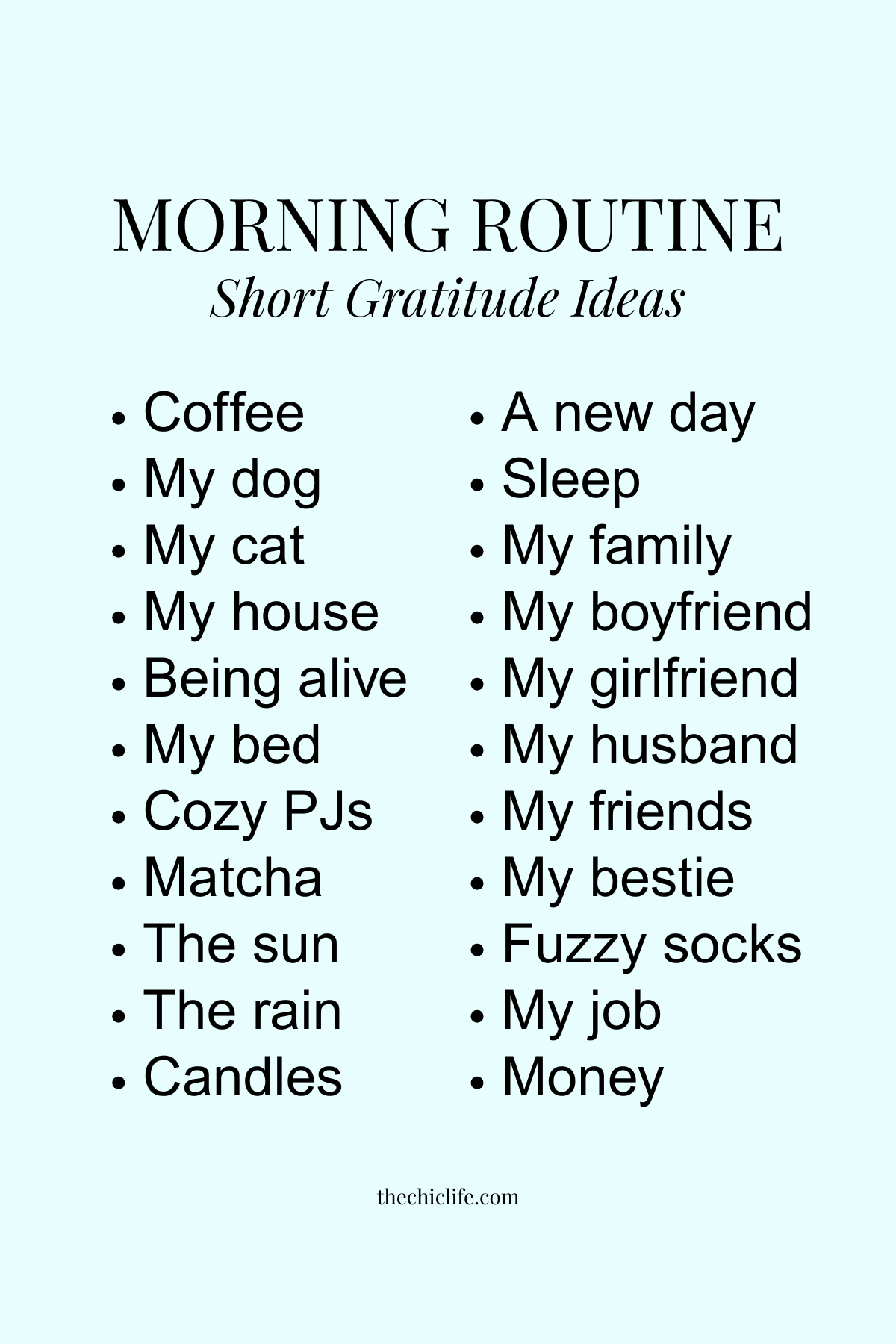 Text graphic has a list of short gratitude ideas for your morning routine