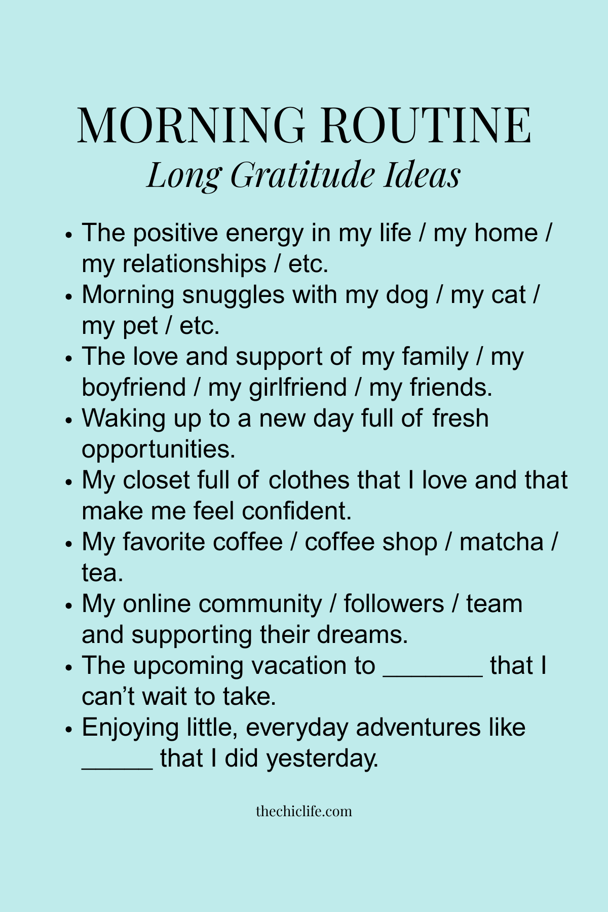 Text graphic has a list of long gratitude ideas for your morning routine