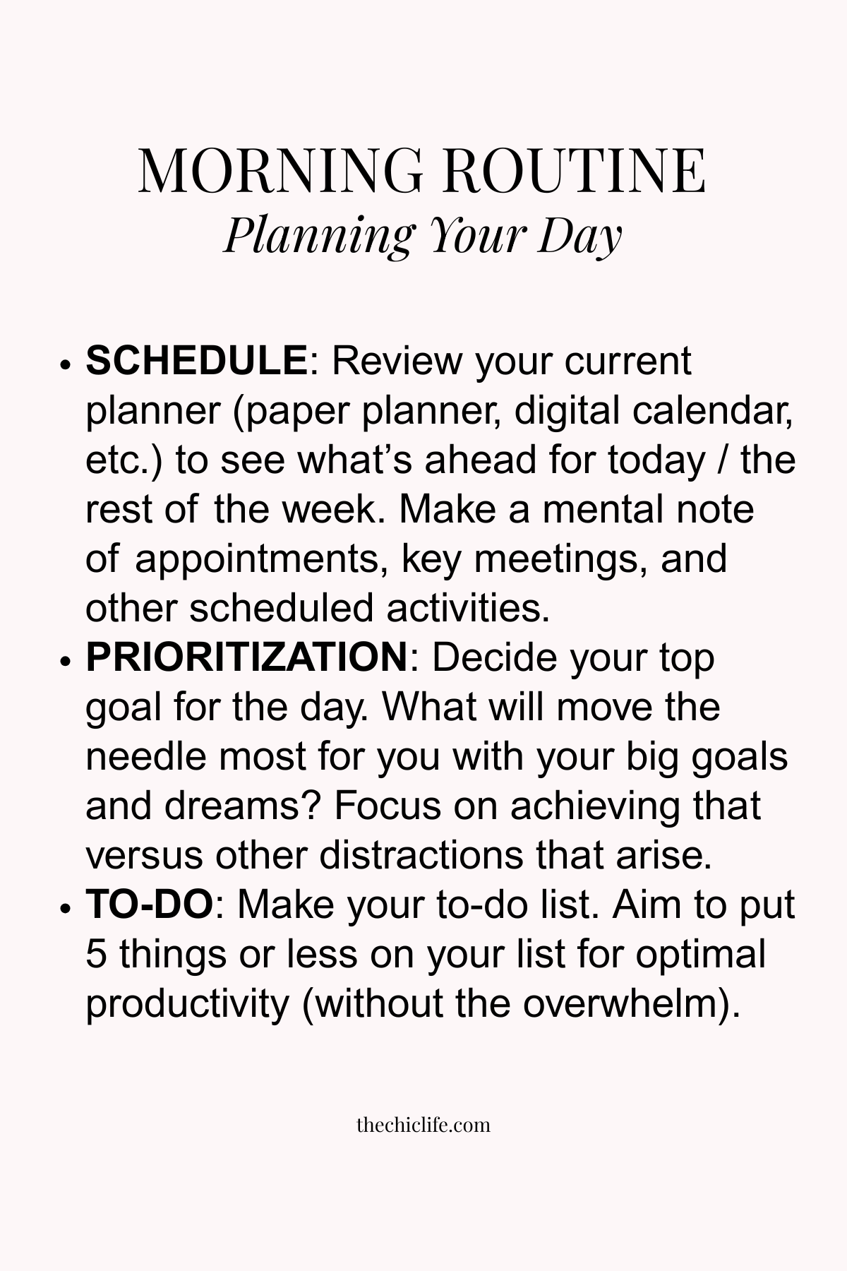 Text graphic has a list of tips for planning your day via a morning routine