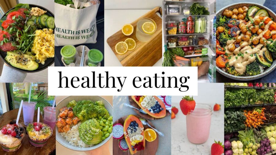 Healthy eating aesthetic photos health vision board collage in desktop wallpaper format