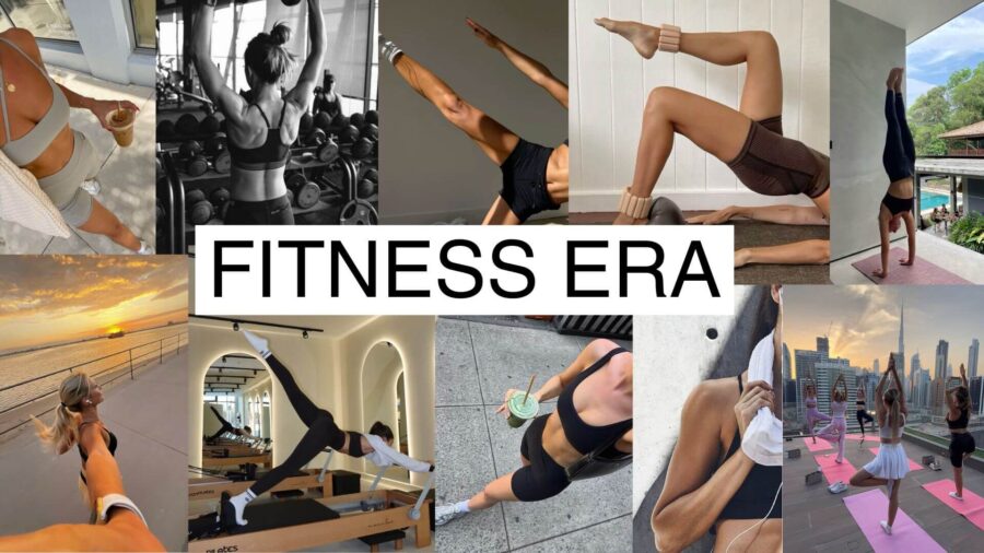 Fitness era gym aesthetic photos health vision board collage in desktop wallpaper format