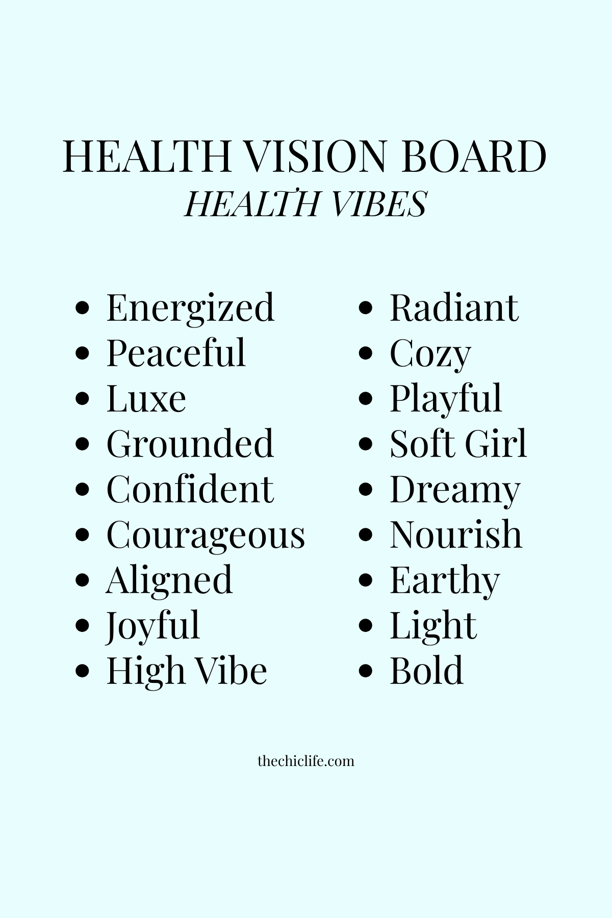 List of health vibe ideas for a health vision board