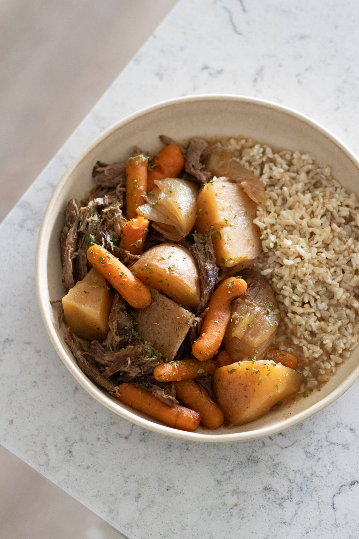 French onion pot roast served with brown rice