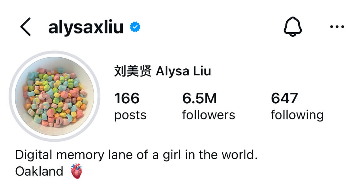 Screenshot of Alysa Liu's Instagram Profile (top section - with the Lucky Charms marshmallows photo)