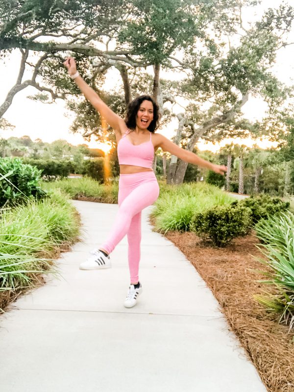 Diana in a pink legging set